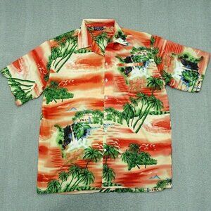 Pacific & Co Button Up Shirt Men Xl Red Green Palm‎ Trees Tropical Short Sleeve
